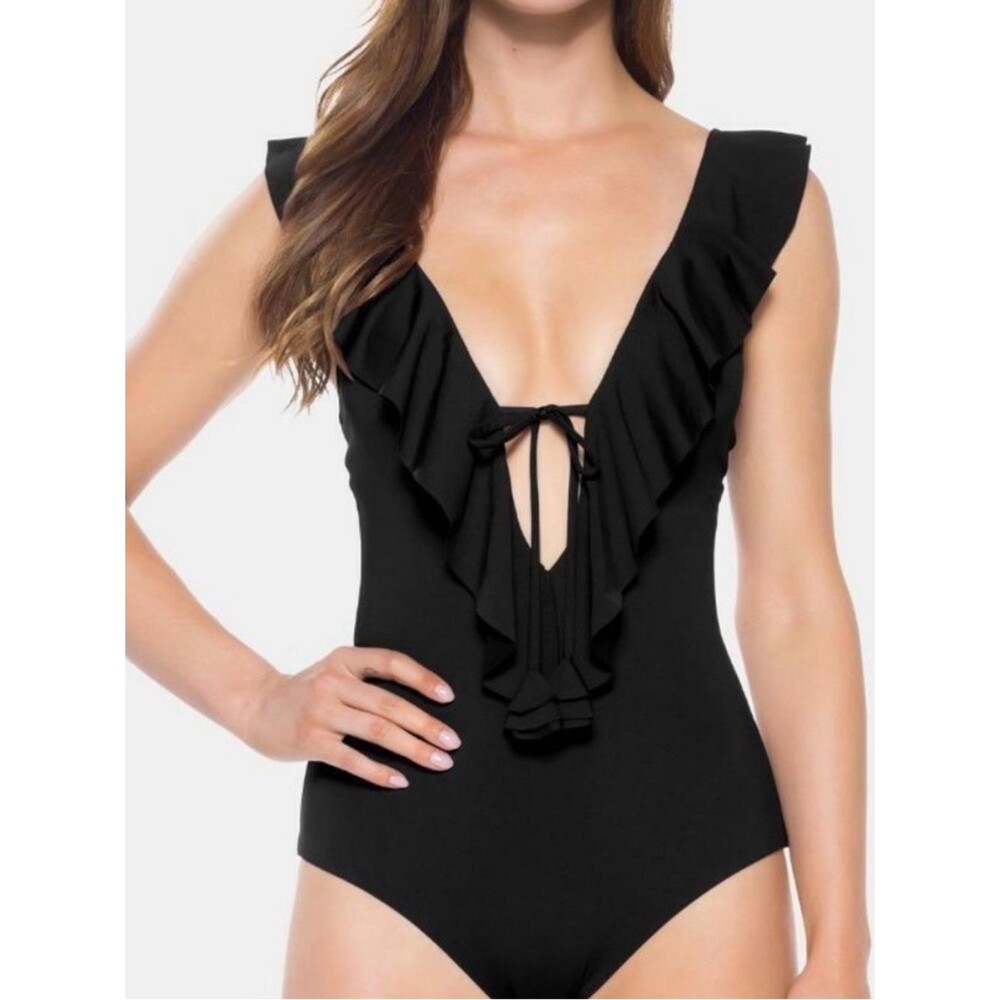 NWT Becca Etc Black Ruffle Plunge One Piece Swimsuit Size 1X
